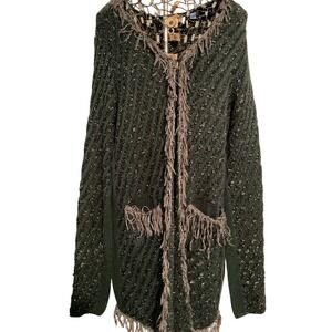Simply Vera Vera Wang Women Green Sparkle Knit Fringe Cardigan Sweater S M